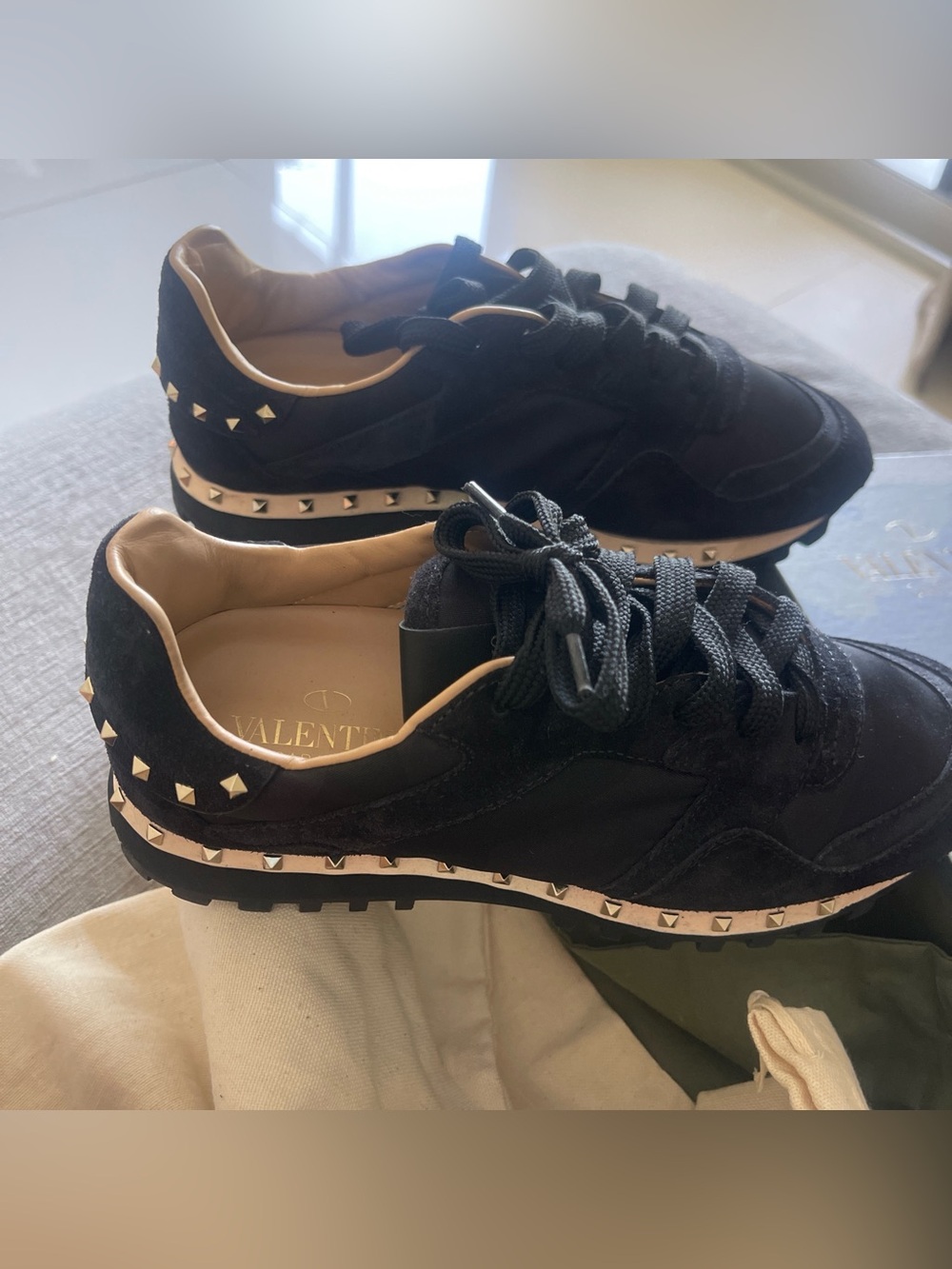 Valentino womens Black Rockrunner Studded Leather & Suede Sneaker